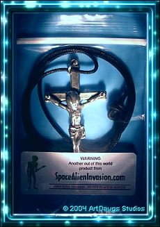 Pewter alien on cross pendant