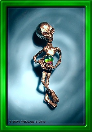 Pewter alien crystal pendant.