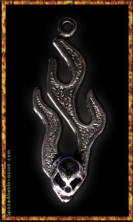 Pewter alien skull with flames pendant